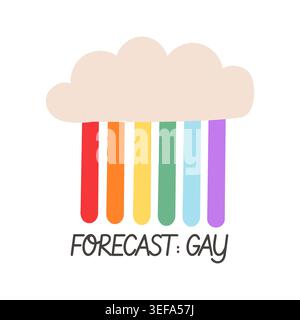 Retro cloud with rainbow rain and Forecast Gay slogan isolated on white. 90s aesthetic weather icon with LGBTQ pride flag colors for pride month Stock Vector