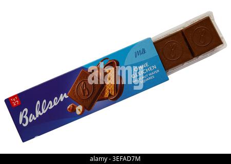 Packet of Bahlsen biscuits milk hazelnut wafer squares isolated on white background - Bahlsen ohne Gleichen Milk Chocolate Praline Wafer Biscuits Stock Photo