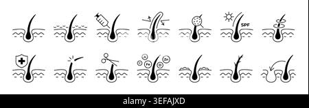 Vector set of hair follicle treatment icons. Dandruff, split ends, healthy scalp, dermatology therapy, head care, repair skin, damage condition outline symbols. Haircut, root growth line art elements Stock Vector