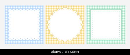 Lace frames on vichy check seamless background. Empty border template design in pastel color. Round and square crochet doily. Gingham checkered geometric texture for tablecloth textile, picnic blanket Stock Vector