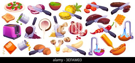 Kitchen utensils and cooking process set, vector cook food, ingredients preparation steps. Cutting vegetables, washing beans, pouring milk and slicing sausage. Salad and hot dog cooking process set Stock Vector