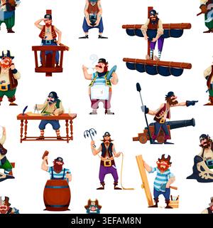 Pirate and corsair crew characters seamless pattern in different poses, as saluting, smoking a pipe, standing on a mast or cooking. Vector tile background of cartoon pirates performing nautical tasks Stock Vector