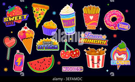 Fast food y2k stickers, takeaway food retro patch labels. Cartoon vector badges set featuring fastfood snacks, sweets, fruits, pizza, ice cream, donuts, fries, soda, and funny hippie style phrases Stock Vector