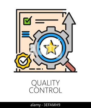Product quality control and inspection icon or pictogram. Regulatory control symbol, business product quality inspection color line vector icon or sign with document, cogwheel and magnifying glass Stock Vector