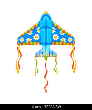 Festival paper kite in shape of airplane, painted in vivid blue color with white daisy flowers on wings. Indian festival flying toy isolated cartoon vector item, kids outdoor sports kite or paper wing Stock Vector