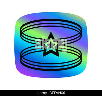 Star and spirals hologram vintage Y2K sticker or symbol. Glossy holographic Y2K tag, gradient chrome hologram vector label. Metallic color iridescent patch with star and circles graphic black shapes Stock Vector