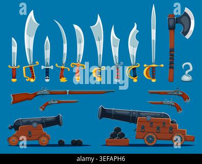 Cartoon pirate weapon, swords, sabres and cannons, vector piracy weaponry. Pirate old guns, swords and cannons with balls, boarding axe, dagger and hook. Corsair knife, saber and pistol weapon Stock Vector