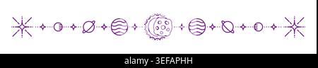 Outer space and Solar system planet line divider or border. Space travel underline spacer, astronomy science vector divider. Galaxy outer space exploration border with sun and Solar system planets Stock Vector