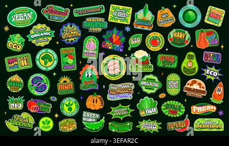 Organic and vegan food y2k groovy patch stickers, eco product retro funky labels with vector fruit, vegetables and green leaves. Vintage natural bio organic food stickers pack with cartoon veggies Stock Vector