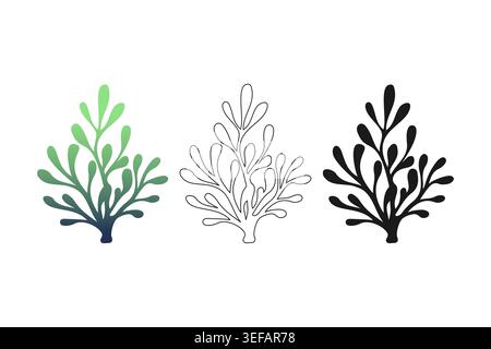 Stylized fucus bush icons set with green to navy gradient solid black and outline variations for marine identity seaweed cosmetic packaging and modern Stock Vector