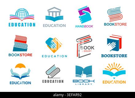 Book store, education, library and handbook icons set. Vector feather pen quill, sun and globe on open paper pages, books with hands and pencils abstract silhouettes for library or bookstore emblems Stock Vector