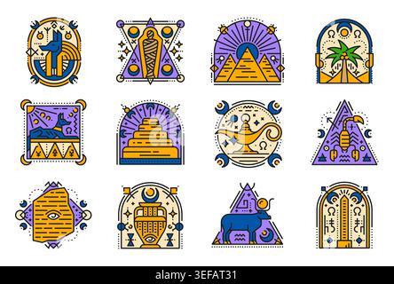 Color egyptian sacred tattoo, boho esoteric symbols and vector line icons. Ancient Egypt pharaoh pyramid and mummy, God Anubis, papyrus, sun and moon tattoos set with outline geometric ornaments Stock Vector