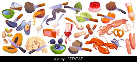 Cooking process and kitchen utensils, cook food set. Vector instruction of recipe ingredients preparation with cartoon seafood, vegetables and fruit, fish, knives, bowls and spoon. Cooking process set Stock Vector