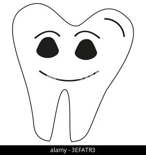 Happy tooth character. Smiling dental symbol. Vector cartoon molar. Black outline mascot. EPS 10. Stock Vector