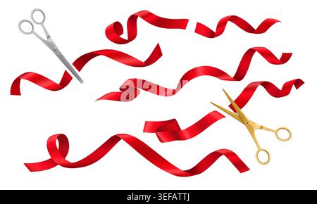 Grand opening ceremony scissors and red ribbons. Realistic 3d vector gold and silver scissors cutting silk curled tapes. Traditional ritual before launching new business campaign or inauguration event Stock Vector