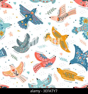 Folk ethnic scandinavian birds seamless pattern. Nordic ethnic vector print, Scandinavian folk backdrop or seamless pattern with flying pink, blue and orange dove or pigeon, cuckoo ornate birds Stock Vector