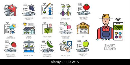Robot smart farm technology color icons, agriculture and food industry. Vector line crop plants, farmer and digital farm field, AI robot hands, cultivation and harvesting symbols of smart technologies Stock Vector