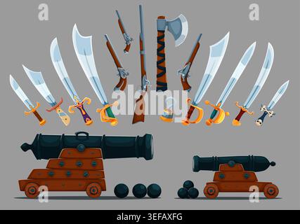 Pirate cold steel arms, weapons and cannons. Cartoon vector set of swords, sabers, axes, pistols, muskets and hooks, wooden cannons with cannonballs. Naval armament for corsair warfare and sea battles Stock Vector