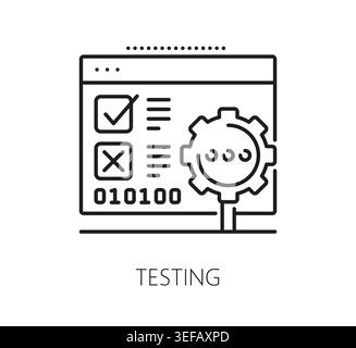 Software testing, program code vector icon. Computer science development lineart icon, application programing symbol. Software code testing sign with gear wheel, binary code and program window Stock Vector