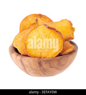 Crispy roasted sweet potato chips with sea salt, isolated on white background. Healthy and crunchy natural vegetable snack. Clipping path Stock Photo