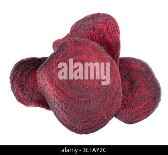 Crispy roasted beetroot chips with sea salt, isolated on white background. Healthy and crunchy natural vegetable snack. Clipping path Stock Photo