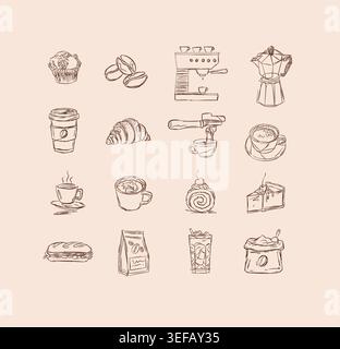 Coffee and bakery hand drawn elements muffin, beans, machine, moka pot, croissant, cake, dessert, bag, sandwich, espresso drawing in linear art style Stock Vector