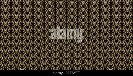 Golden fish scale pattern with dot texture. Luxurious mermaid skin design featuring scallop motifs and oriental ornamental elements for elegant backgrounds. Stock Vector