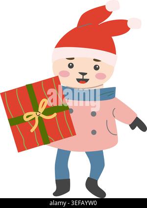 Cute christmas rabbit in santa hat with present. Cartoon flat bunny in winter clothes with gift. Christmas character isolated on white. Stock Vector