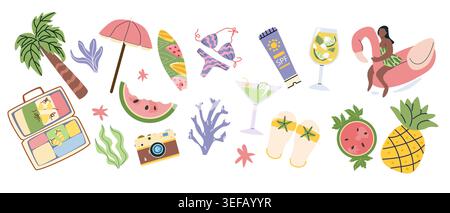 Cartoon summer beach vacation elements set. Vector illustrations of surfboards, suitcase with clothes, corals, martini and tropical fruits. Woman on i Stock Vector
