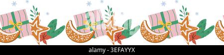 Cartoon christmas border with christmas cookies and gift, fir branch and mistletoe. Festive xmas pattern border for decorations. Vector flat illustrat Stock Vector