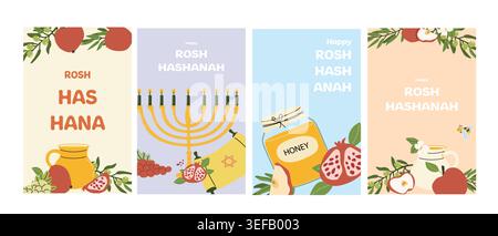 Happy Rosh Hashanah posters or cards set. Vector template of harvest rosh hashanah elements honey, pomegranate, wine and apple, menorah and torah scro Stock Vector