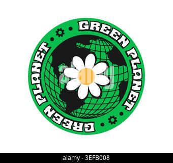 Planet green globe Y2K groovy sticker or tag. Planet Y2K vector terrestrial sphere sticker, Earth wireframe globe tag. Mesh sphere label with globe black mesh, typography and chamomile flower Stock Vector