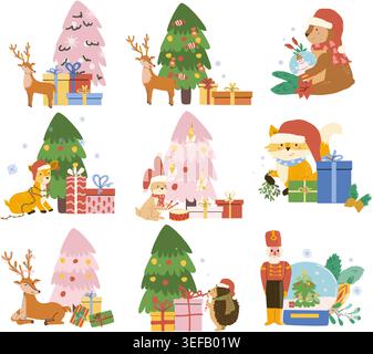 Cartoon christmas tree and animals compositions set. Cute reindeer and forest animals fox, hedgehog, bear and rabbit in santa hats. Cartoon woodland chrismas characters set. Stock Vector