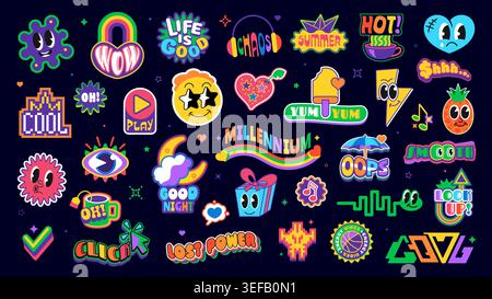 Y2k neon sticker badges with funny characters, trendy words, hearts, stars, gift box, rainbow, headphones, coffee mug, arrows, play button, umbrella, moon and rainbow. Vector groovy funky patches Stock Vector