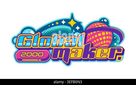 Y2k streetwear global maker retro label or symbol. Streetwear futuristic retro nostalgic sticker, brand Y2K vector icon. Apparel graphic patch with blue and purple typography, space planets and stars Stock Vector