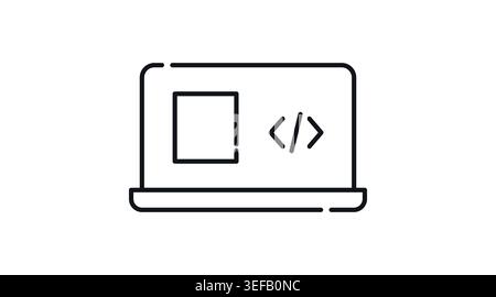 Laptop software development and coding icon: portable computer with HTML code programming brackets on screen, minimalist black line art vector. Stock Vector