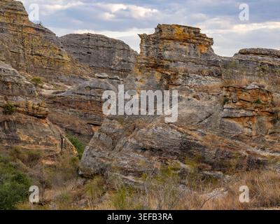 Sandstone formations in Isalo Massif present a unique landscape in Madagascar's natural environment near a hotel Stock Photo