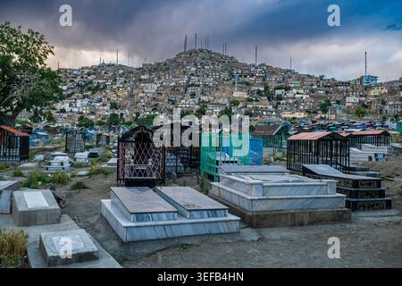 Cemetery near Blue Mosque in Kabul with graves and hillside structures under cloudy sky Stock Photo