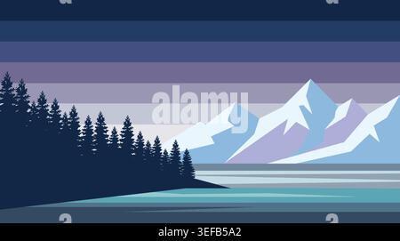 Flat vector illustration of a winter landscape with snowy mountains, pine tree forest silhouette, and calm lake. Stock Vector