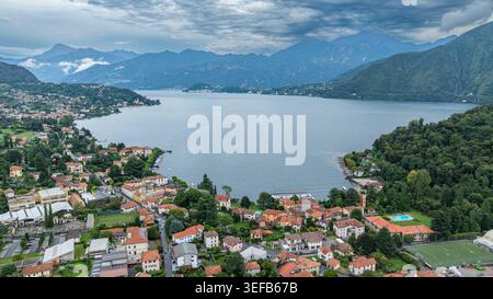 Sunset view over Lenno, Lake Como with mountains in the distance Stock Photo