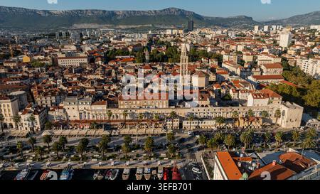 Aerial view of Diocletian's Palace and surrounding area in Split, Croatia with urban buildings and coastal scenery Stock Photo
