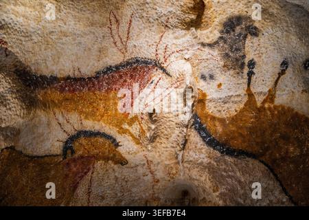 Exploring prehistoric art in Lascaux cave showcasing ancient paintings of animals in France Stock Photo