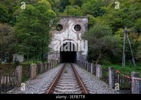 Old train tunnel near New Athon in Abkhazia shows signs of age and nature reclaiming its space Stock Photo