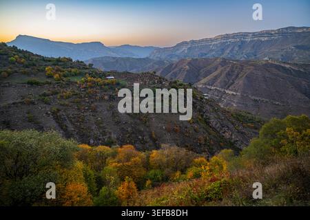 Overlook view of mountain landscape during sunset in Dagestan, Russia Stock Photo