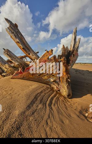 Disintegrating wreck on the beach at Crow Point in the estuary of the Taw and Torridge Rivers near Barnstaple Devon Stock Photo