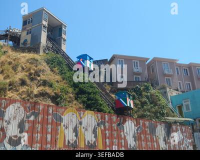 Funicular connects Upper Town and Lower Town in Valparaiso, showcasing daily transport in Chile Stock Photo