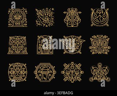 Esoteric line symbols, mystic boho tattoos of vector outline moon, sun and magic hand, alchemy, astrology and witchcraft. Esoteric spiritual tarot, witch crystals, skull and butterfly symbols set Stock Vector