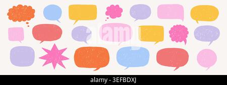Crayon drawn rough speech bubble set. Colorful dialog balloons with charcoal texture. Hand drawn text box collection. Funky communication frames, comic talk sketch balloons. Vector illustration  Stock Vector