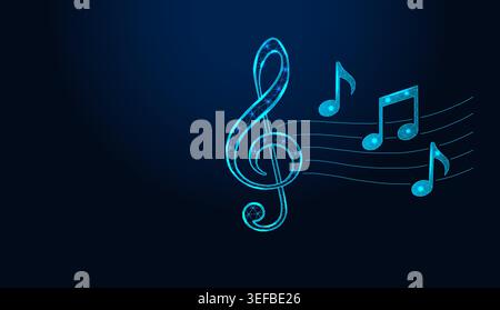 Low poly wireframe music notes and treble clef on dark blue background. Stock Vector