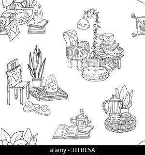 Cozy home furniture scenes seamless pattern. Hand drawn scandinavian lifestyle repeat background Stock Vector